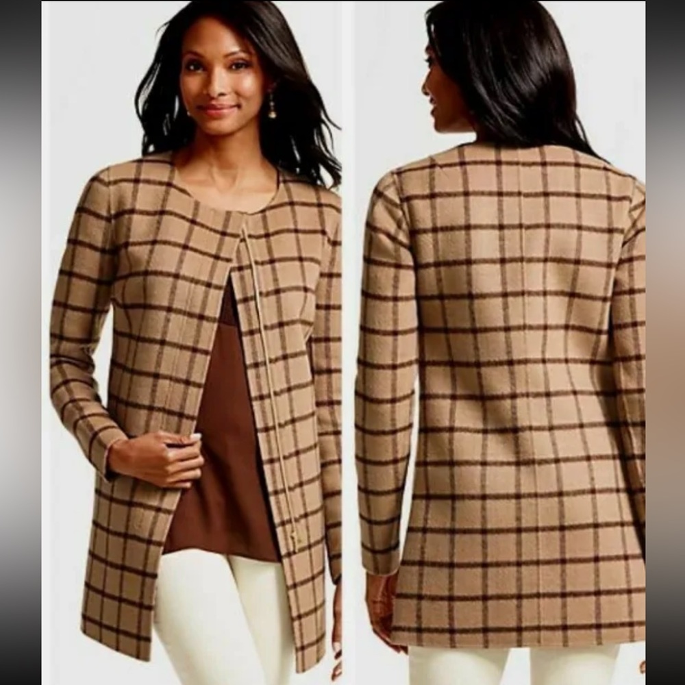 TALBOTS Double Face Wool Topper Coat Plaid Tan